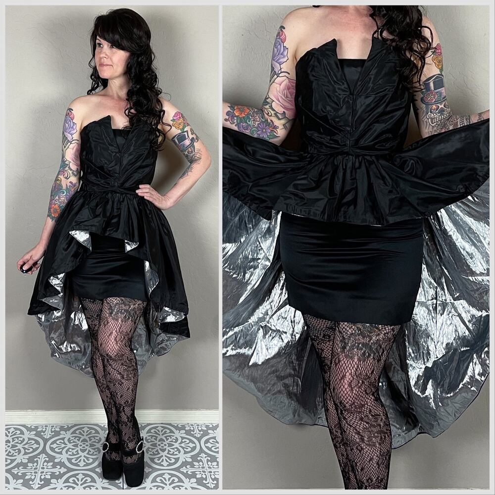 Vintage 1980s Black Taffeta and Silver Lame Strapless Waterfall Top